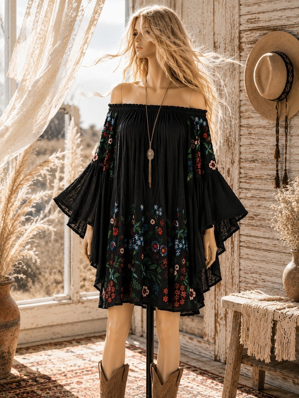 Umgee Black Embroidered Off Shoulder Boho Tunic Dress Festival Free People Vibe